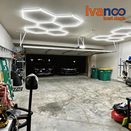 Garage with modern ceiling lights and 'ivanco best deals' logo.