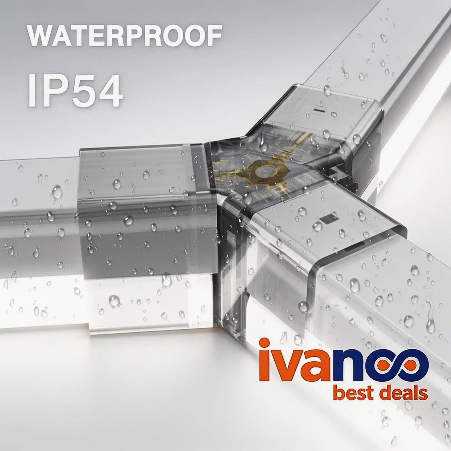 Waterproof corner joint with raindrops and 'ivanco best deals' branding.