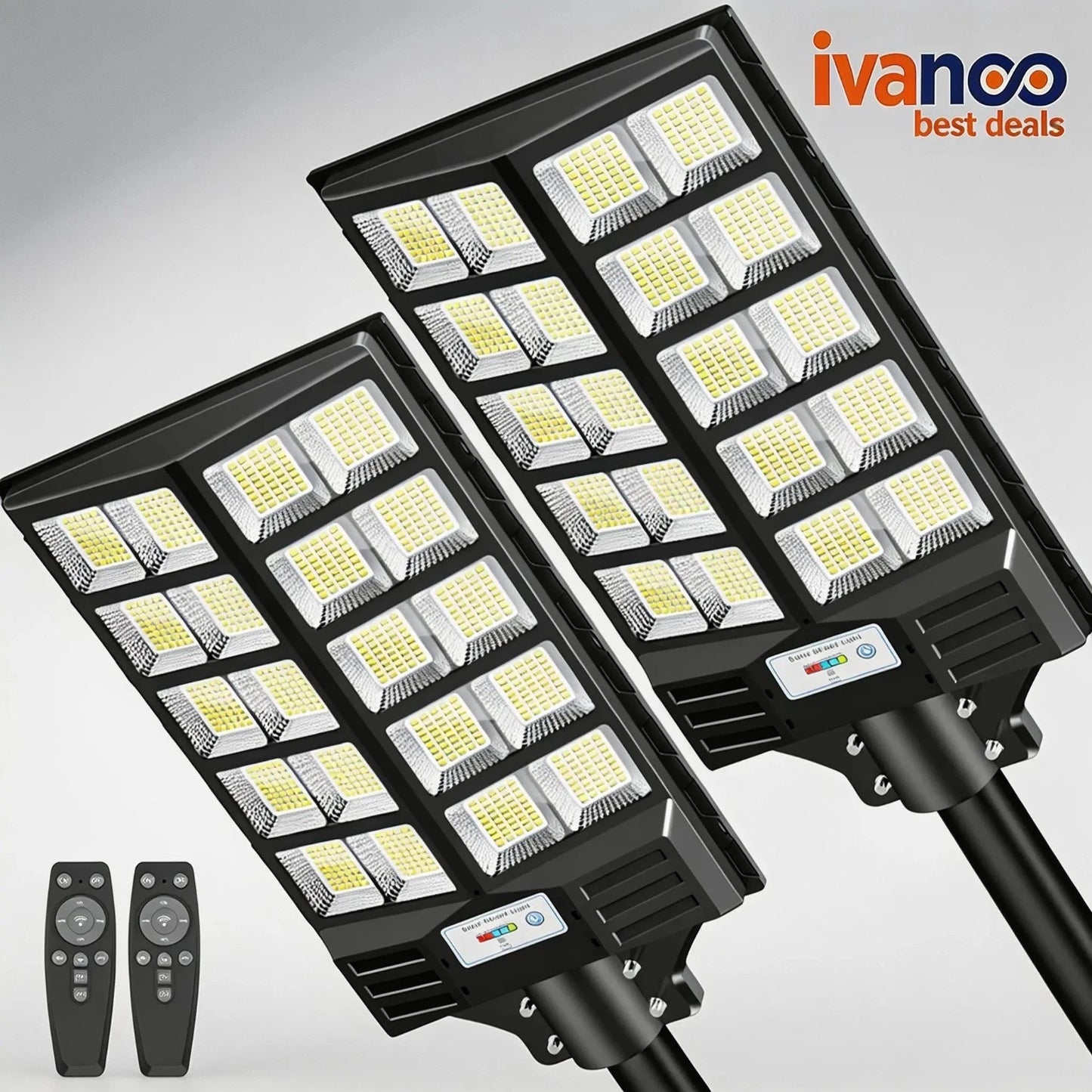 Two LED street lights with remote controls on a gray background, featuring the ivanco brand.