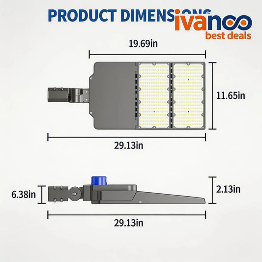 Dimensions of a LED street light with Ivanco branding