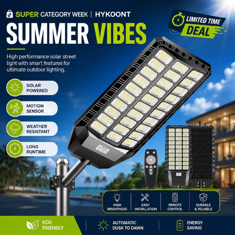 Outdoor Solar Street Light with Remote Control, Motion Sensor, Dusk-to-Dawn Light, IP67 Waterproof