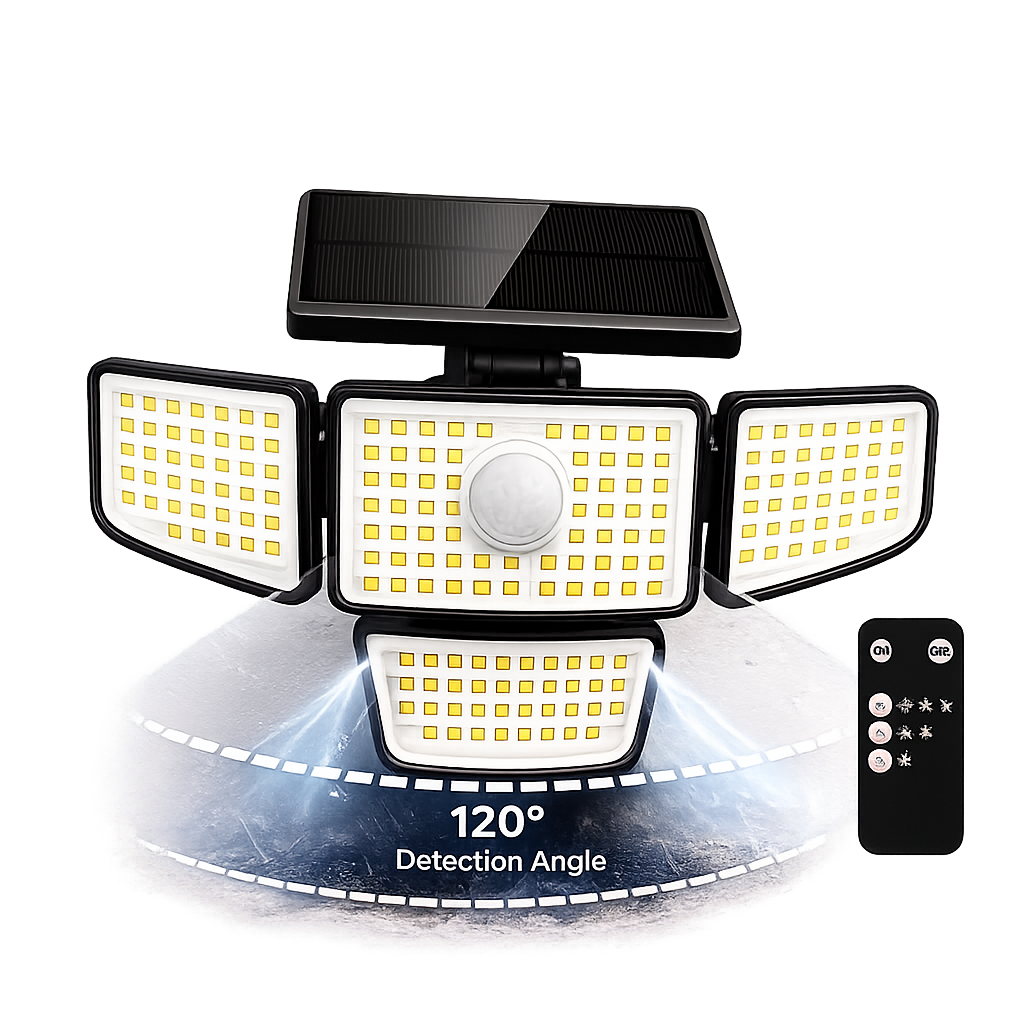 Solar Outdoor Motion Sensor Security Light 3 Head LED with Remote Control