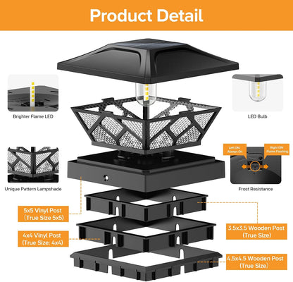 Solar Flame Post Cap Lights 4 Pack Outdoor Fence Deck Lights