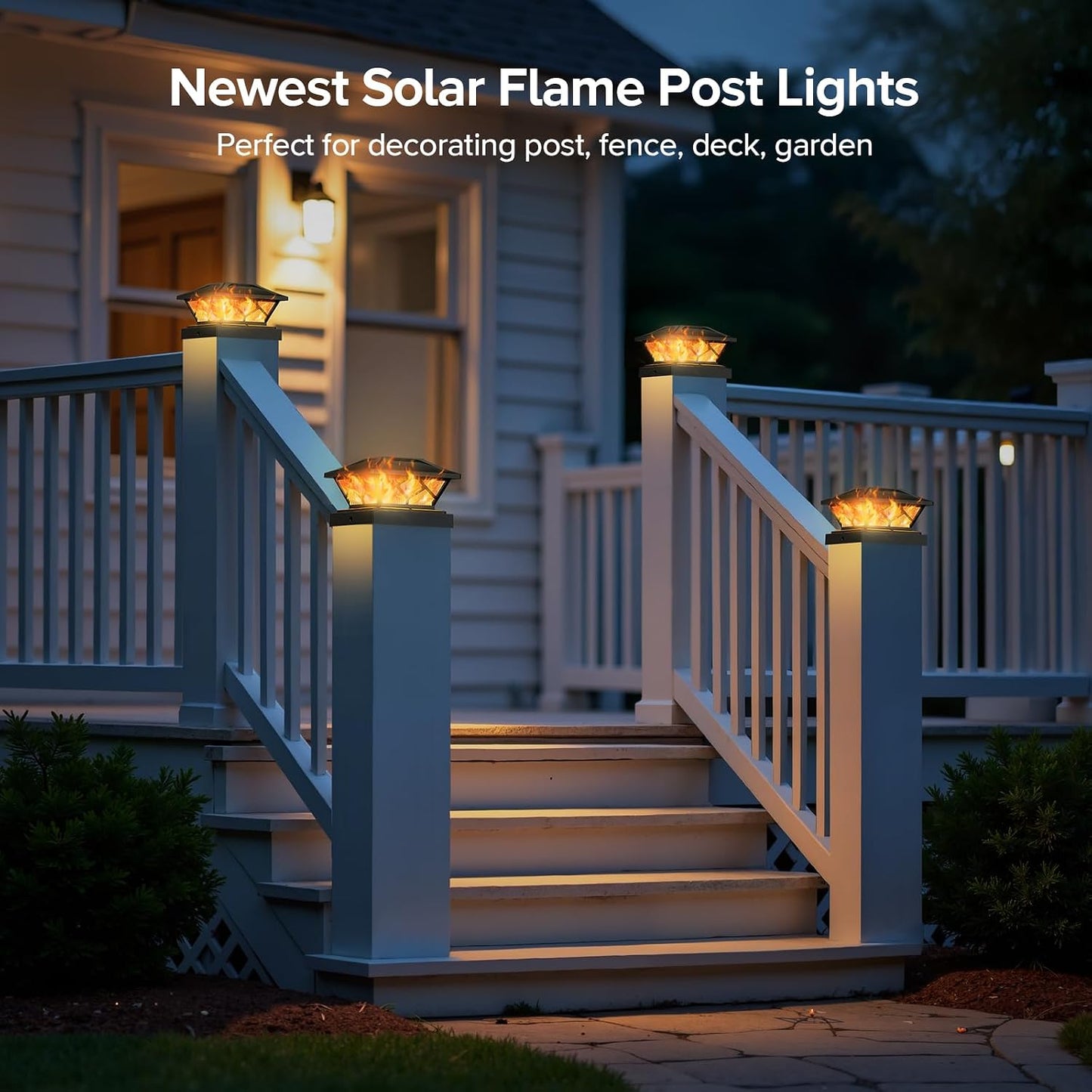 Solar Flame Post Cap Lights 4 Pack Outdoor Fence Deck Lights