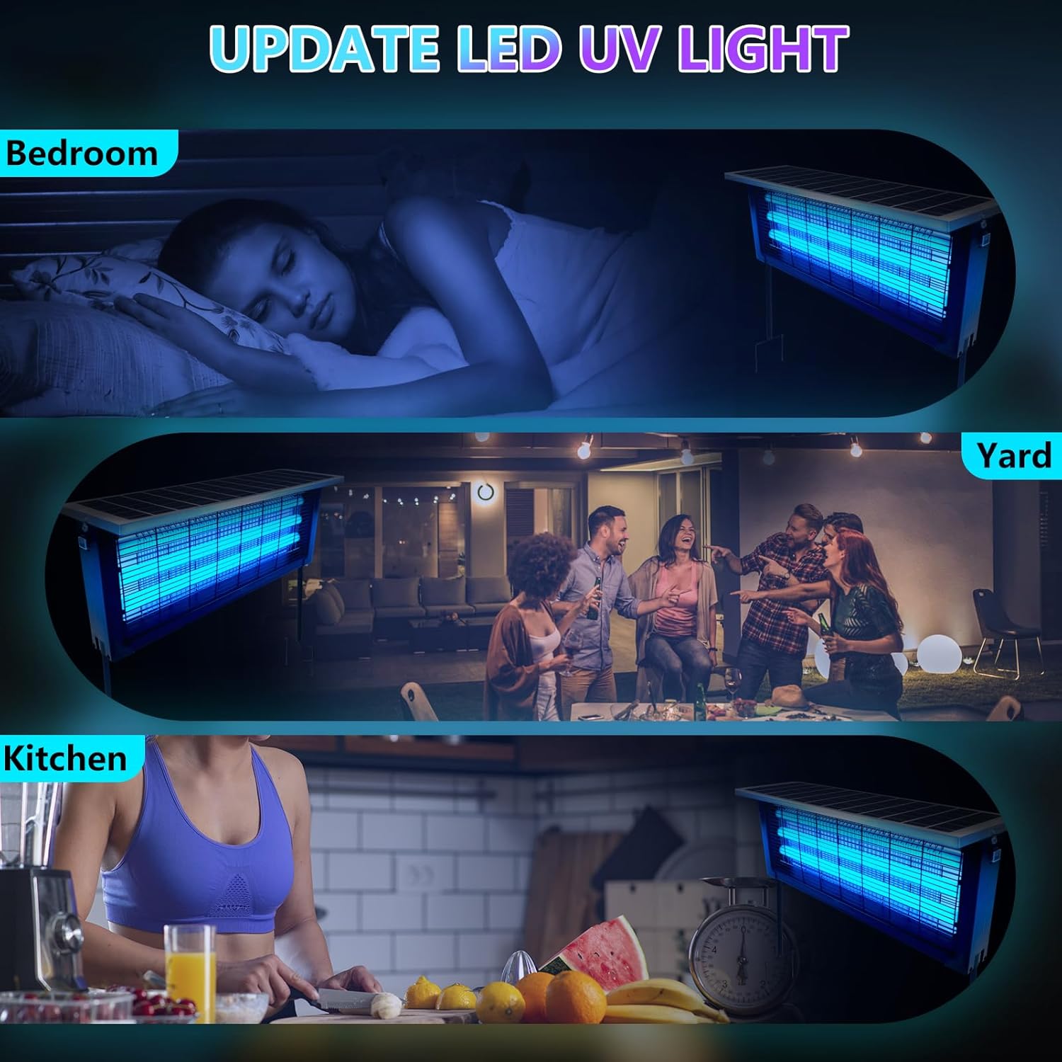 LED UV light being used in various settings including a bedroom, yard, and kitchen.