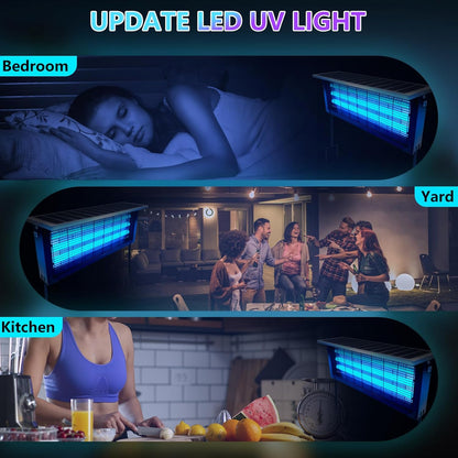 LED UV light being used in various settings including a bedroom, yard, and kitchen.