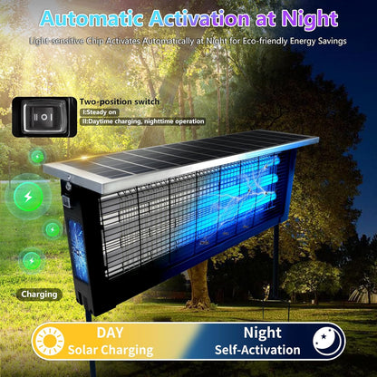 Solar-powered outdoor light with automatic activation feature, set against a natural background.