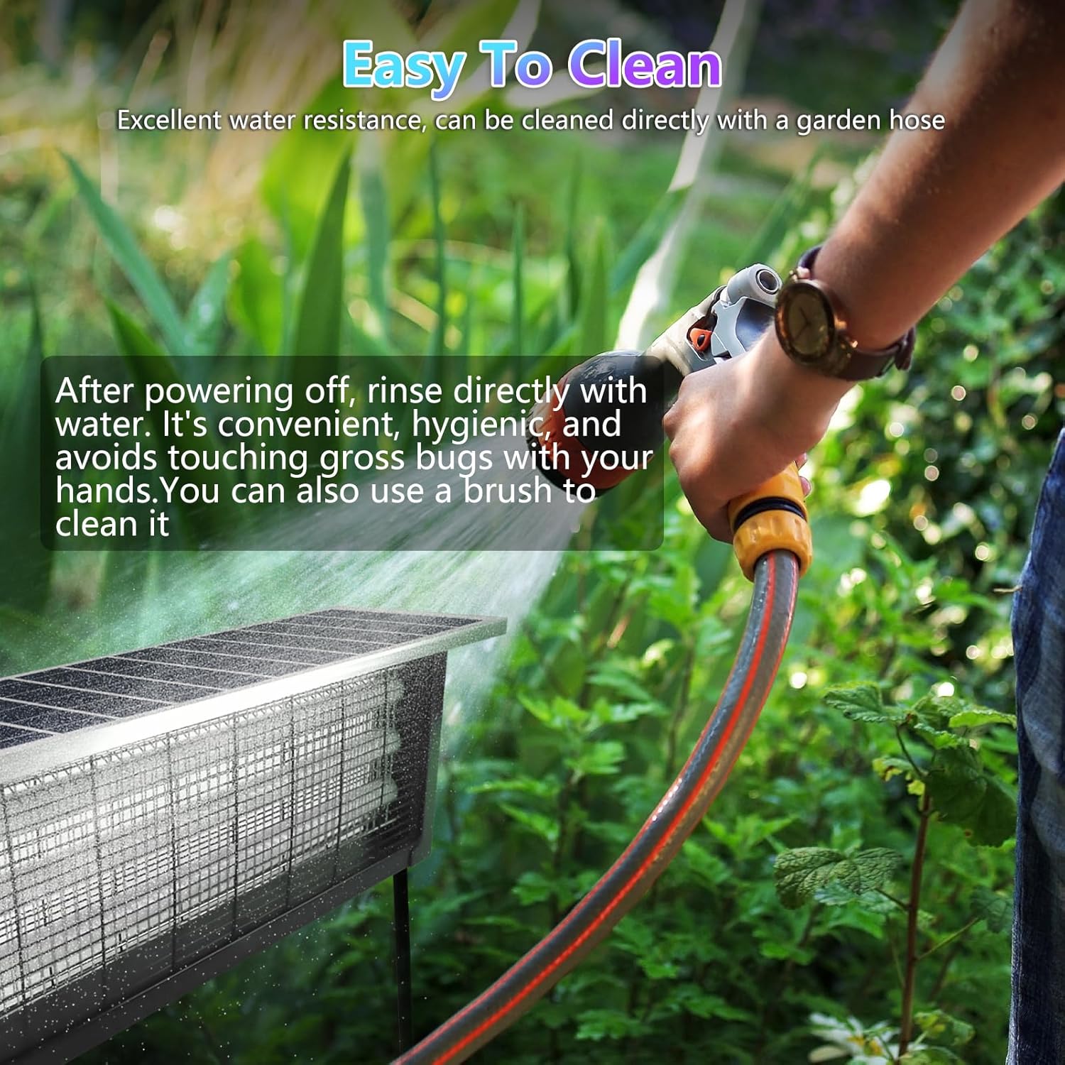 Person cleaning a solar panel with a garden hose, with text about water resistance and cleaning.
