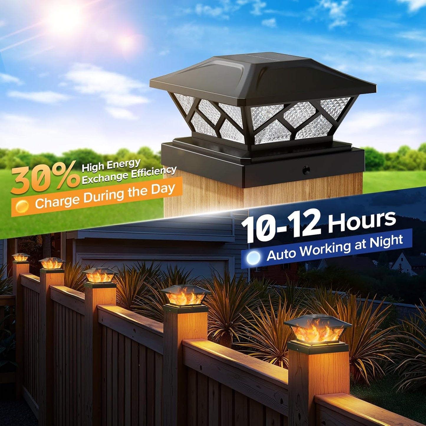 Solar Flame Post Cap Lights 4 Pack Outdoor Fence Deck Lights
