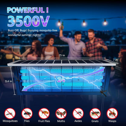 Mosquito zapper with power rating and features on a dark background
