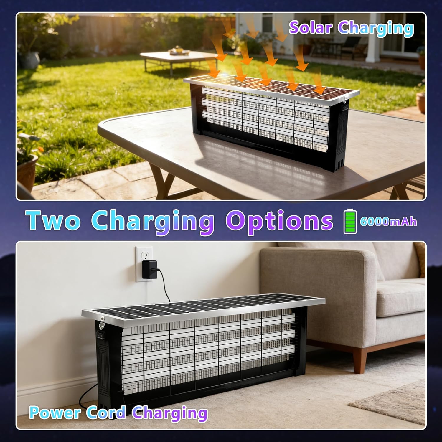 Portable outdoor heater with solar and power cord charging options on a table.