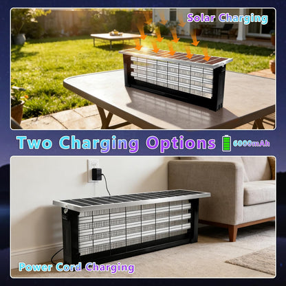 Portable outdoor heater with solar and power cord charging options on a table.