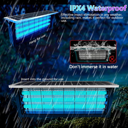 Insect repellent system with waterproof feature shown in rain, highlighting its outdoor usability.
