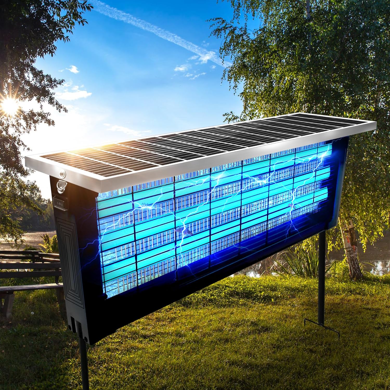 Solar panel with blue light output in a natural setting