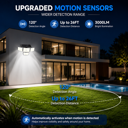 Solar Outdoor Motion Sensor Security Light 3 Head LED with Remote Control