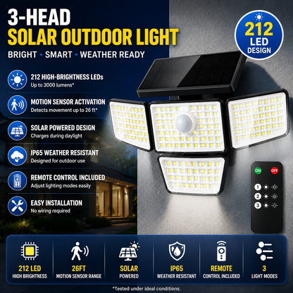 Solar Outdoor Motion Sensor Security Light 3 Head LED with Remote Control
