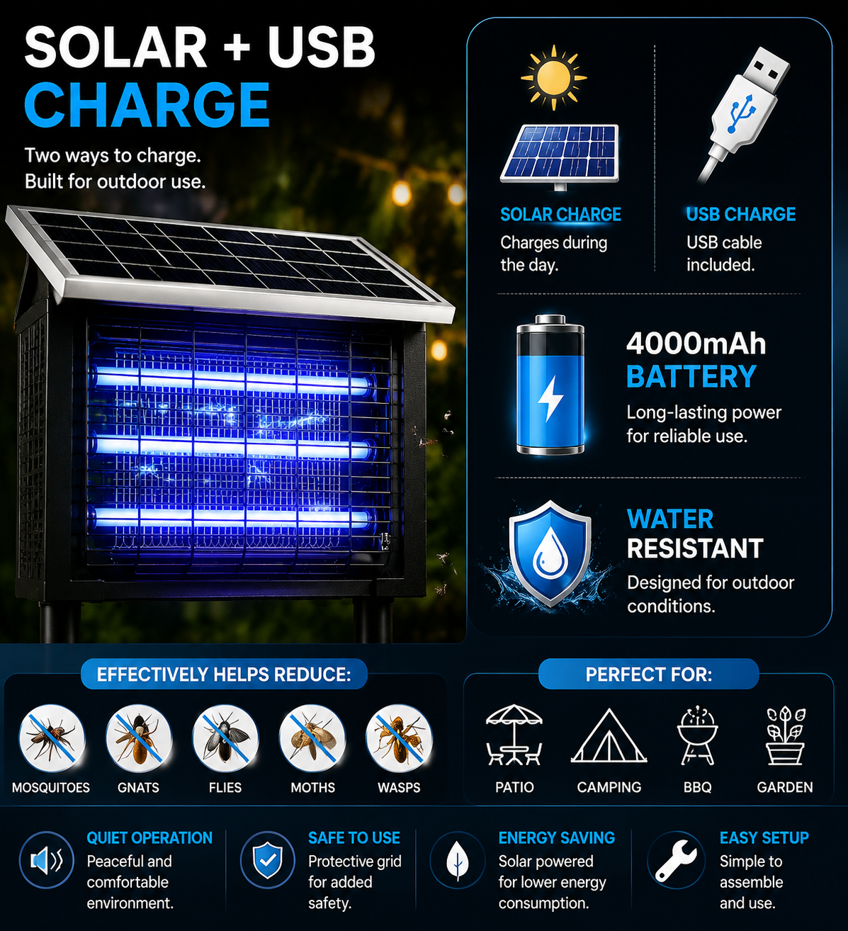 Solar Bug Zapper Outdoor Insect Light Trap with UV LED