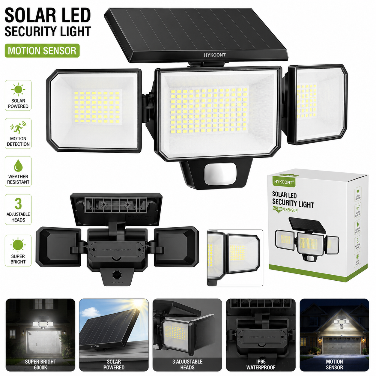 Solar Outdoor Security Lights 3000LM 299 LED – 3 Adjustable Heads Motion Sensor Flood Light IP65 Waterproof