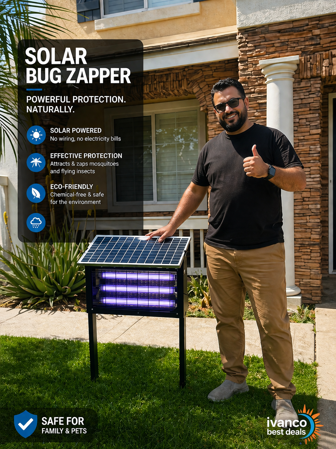 Solar Bug Zapper Light Covers 8,000 Sq Ft –  Big Size Triple UV Tube | Kills Mosquitoes