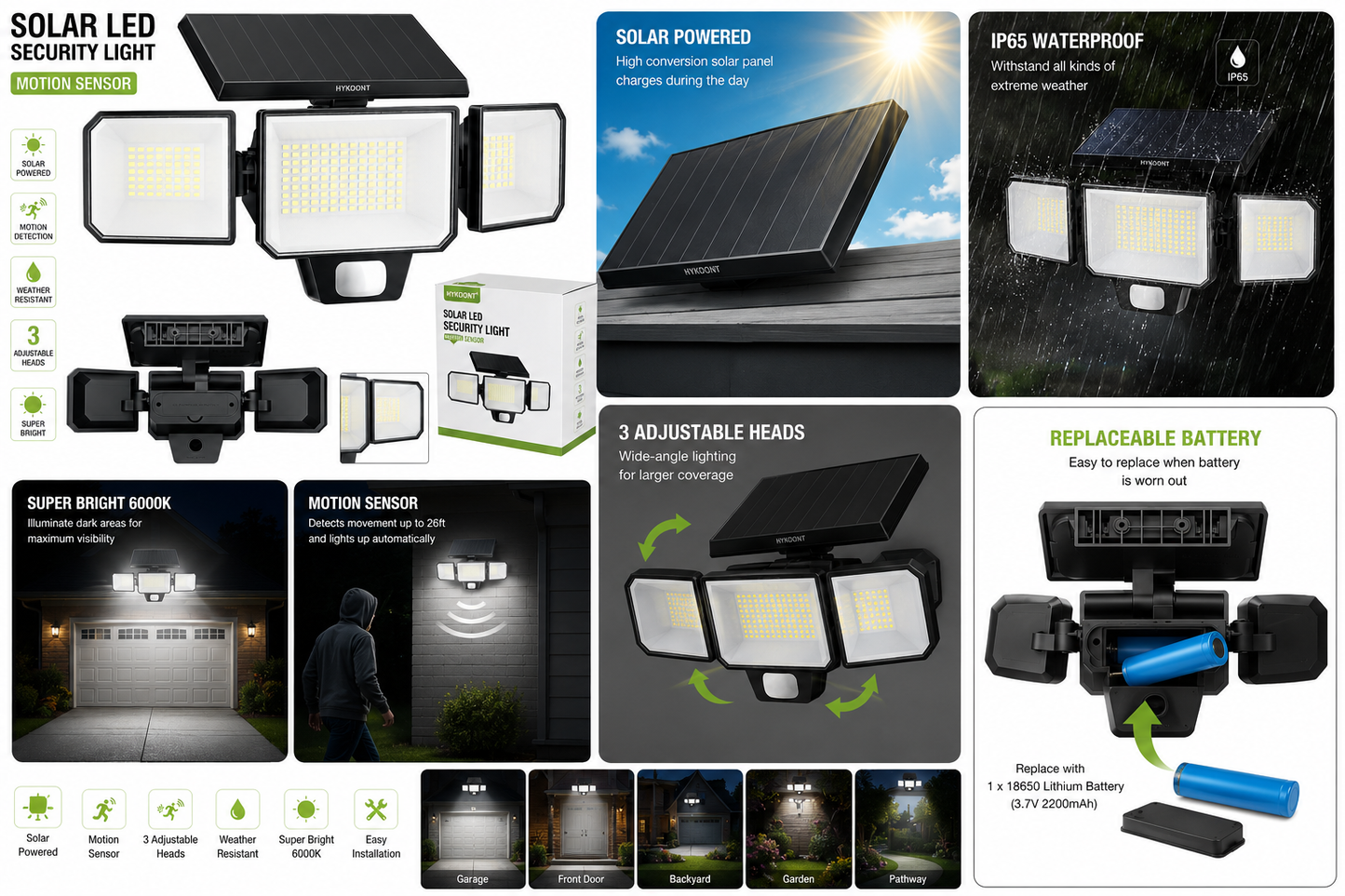Solar Outdoor Security Lights 3000LM 299 LED – 3 Adjustable Heads Motion Sensor Flood Light IP65 Waterproof