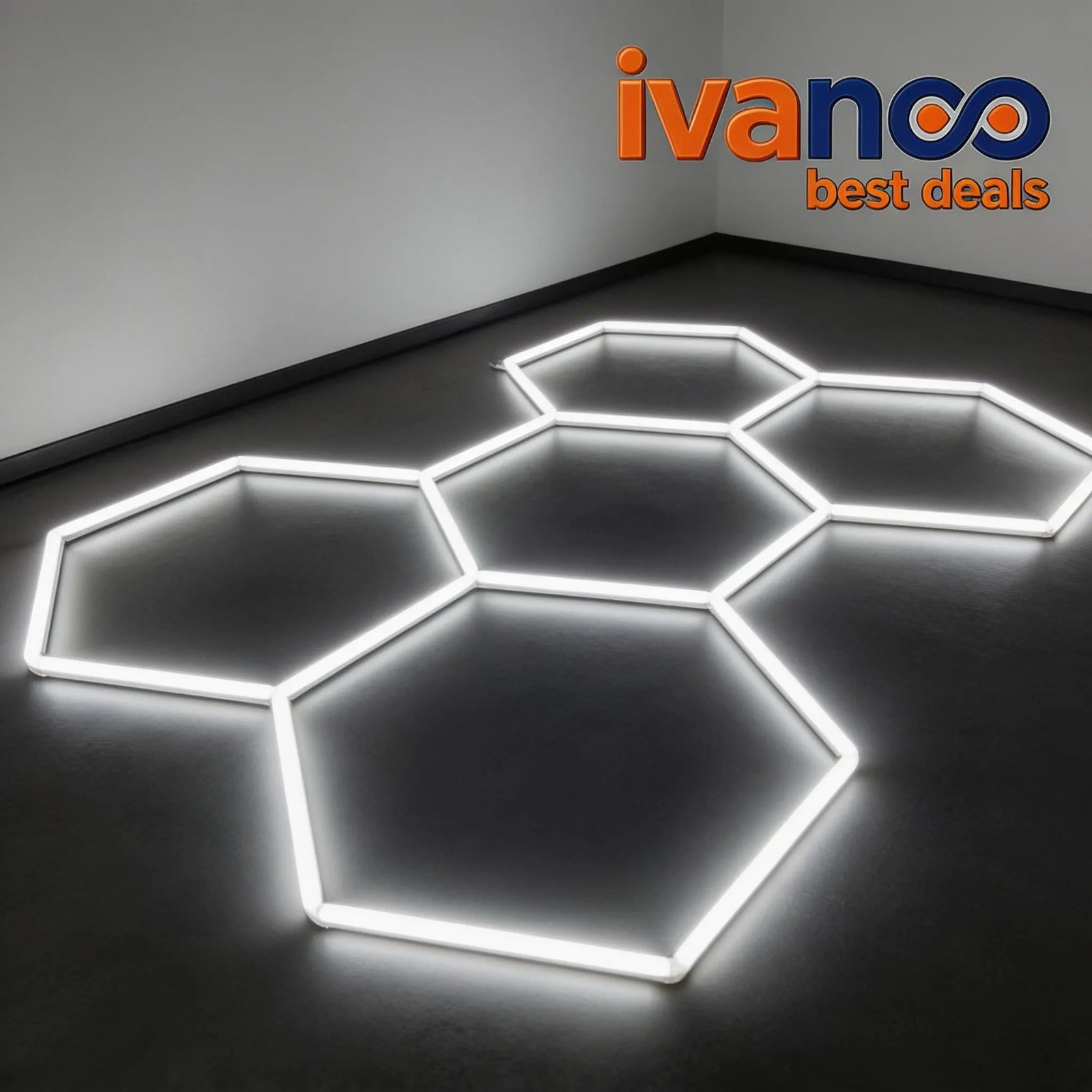 Neon hexagonal light panels on a dark floor with 'ivanco best deals' logo.