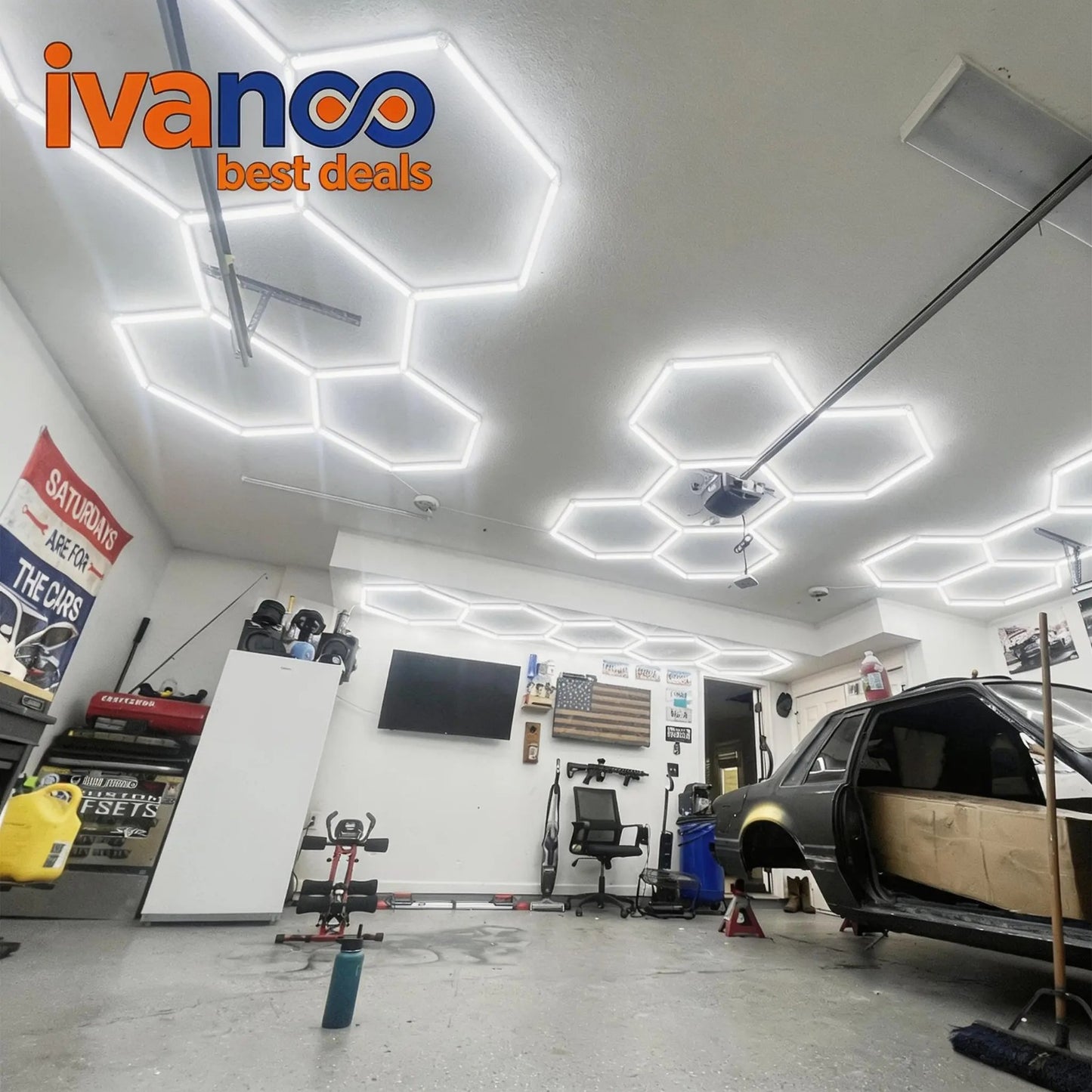 Garage interior with hexagonal light fixtures and 'ivanco best deals' branding.