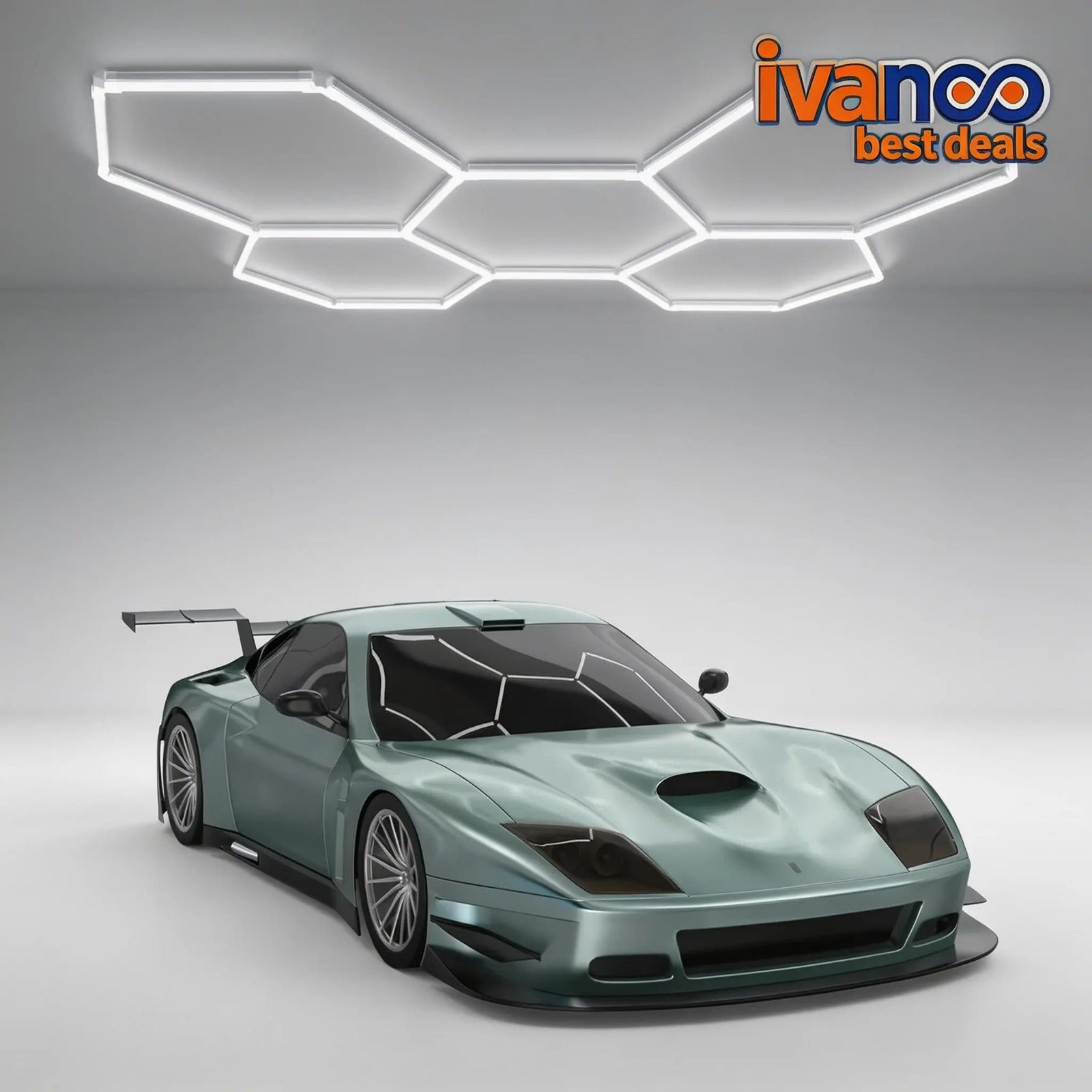 Light blue sports car on a gray background with 'ivanco best deals' logo.