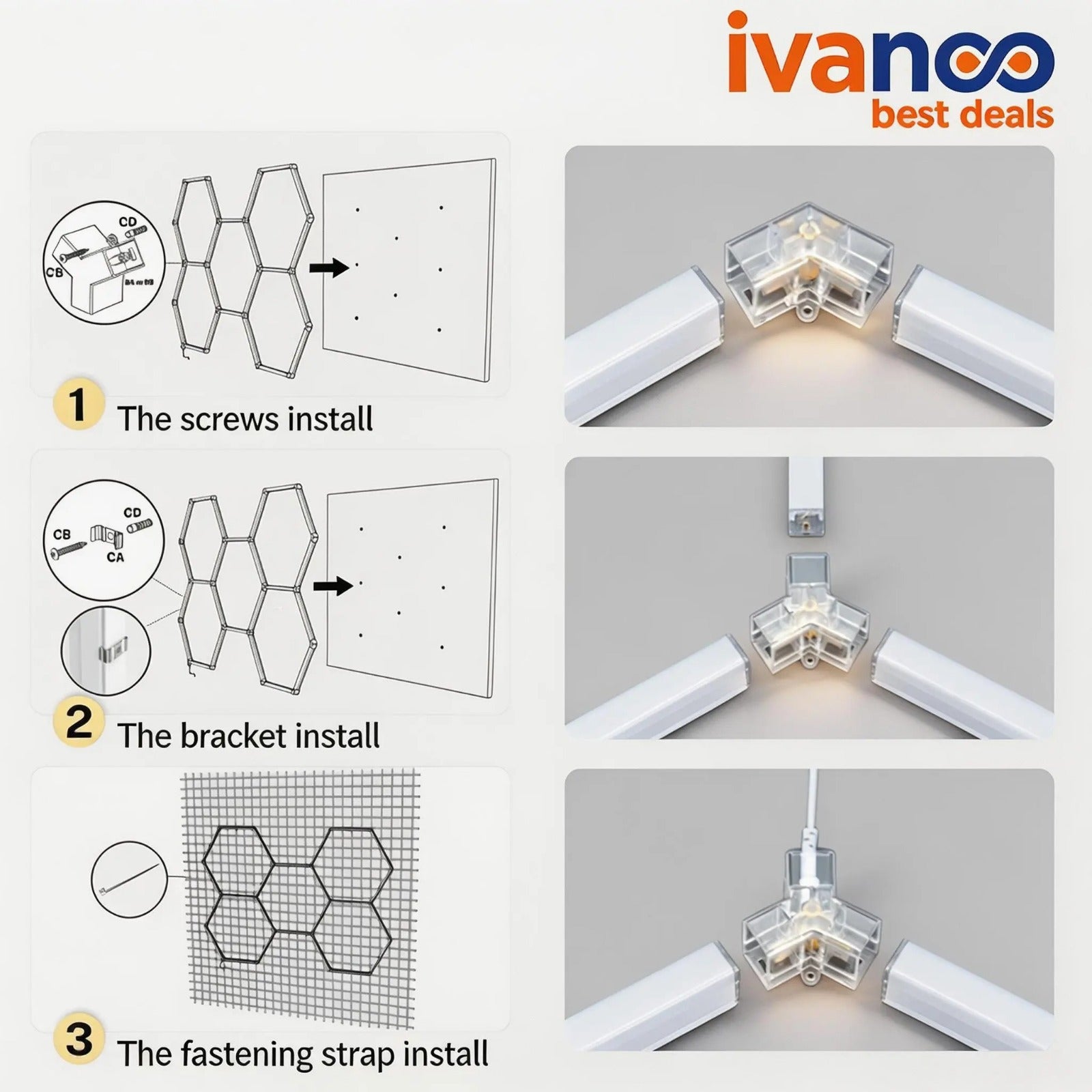 Step-by-step installation guide for a ceiling light fixture with ivanco branding.