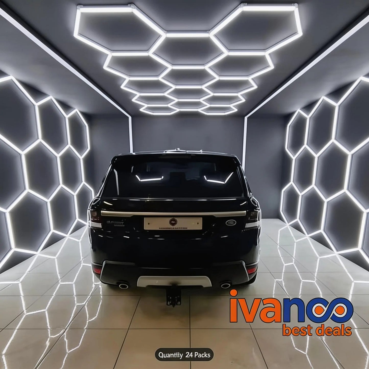 Black SUV in a modern, geometrically lit showroom with 'ivanco' branding.
