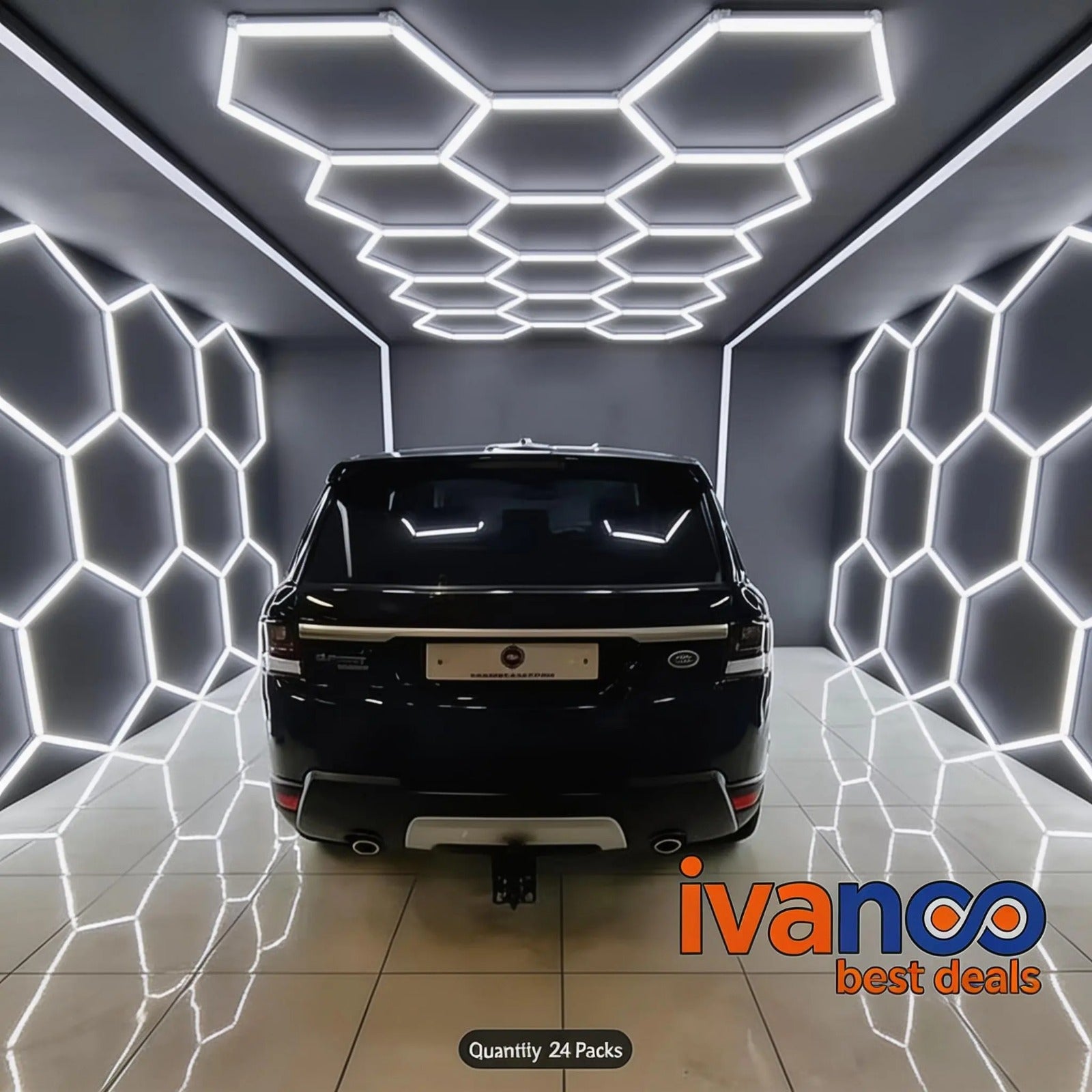 Black SUV in a modern, geometrically lit showroom with 'ivanco' branding.