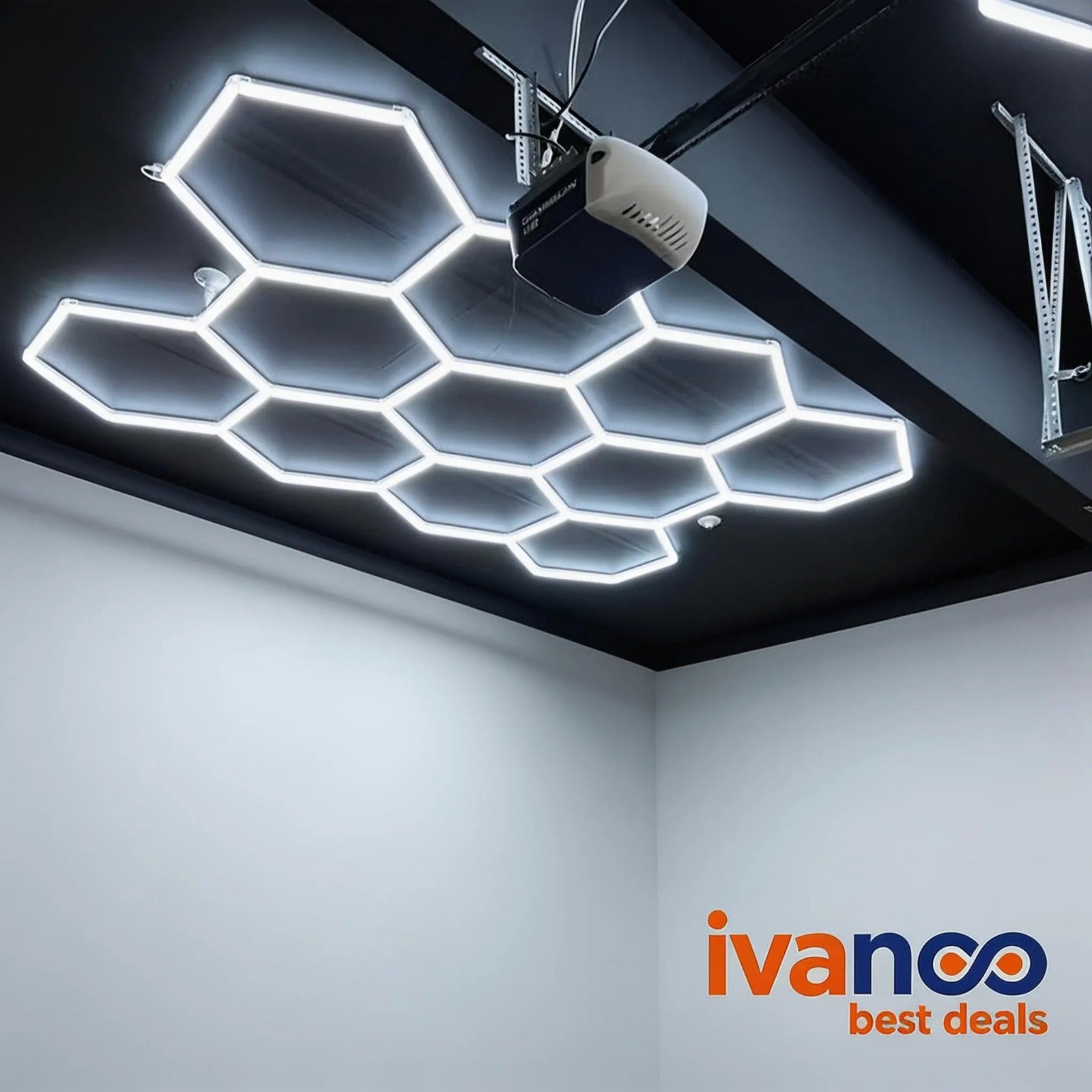 Ceiling with hexagonal light fixture and 'ivanco best deals' logo.