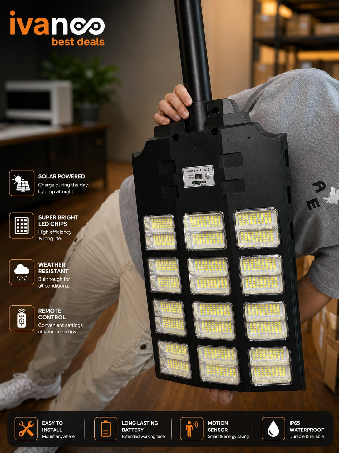 IvanCo Solar Street Light | Replaces 8000W Halogen | IP67