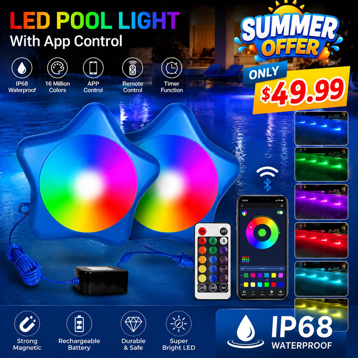 IvanCo Best Deal 10W RGB Pool Light – App Control | IP68 | No Draining | Magnetic Install