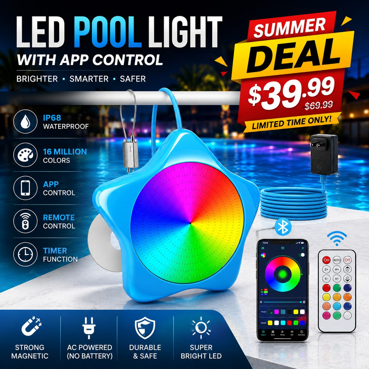 IvanCo Best Deal 10W RGB Pool Light – App Control | IP68 | No Draining | Magnetic Install