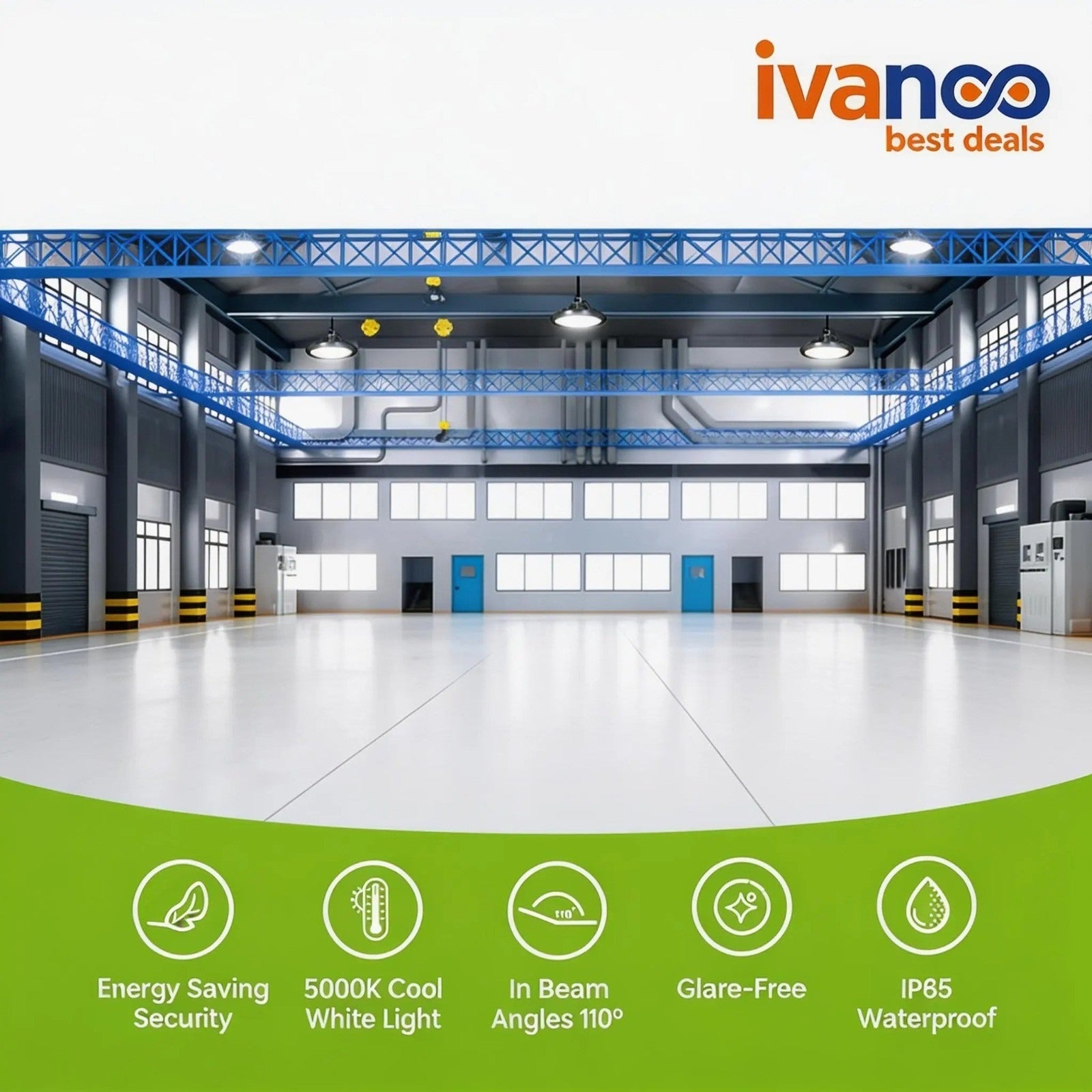 Large warehouse with a high ceiling, wide open space, and visible 'ivanco' branding.