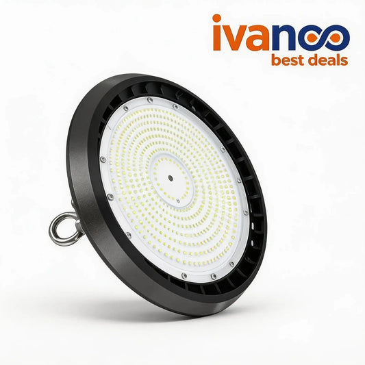 Round industrial light fixture with 'ivanco' branding on a white background