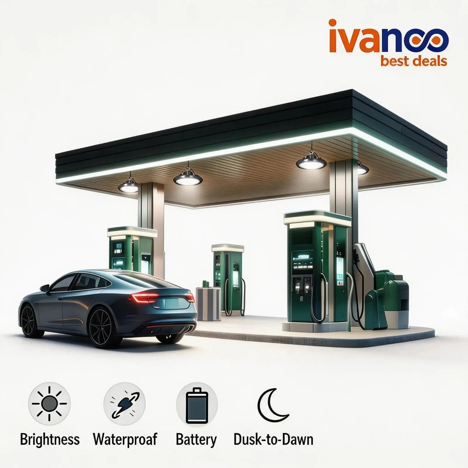 Gas station with a car at the pump, featuring the Ivanoo brand.
