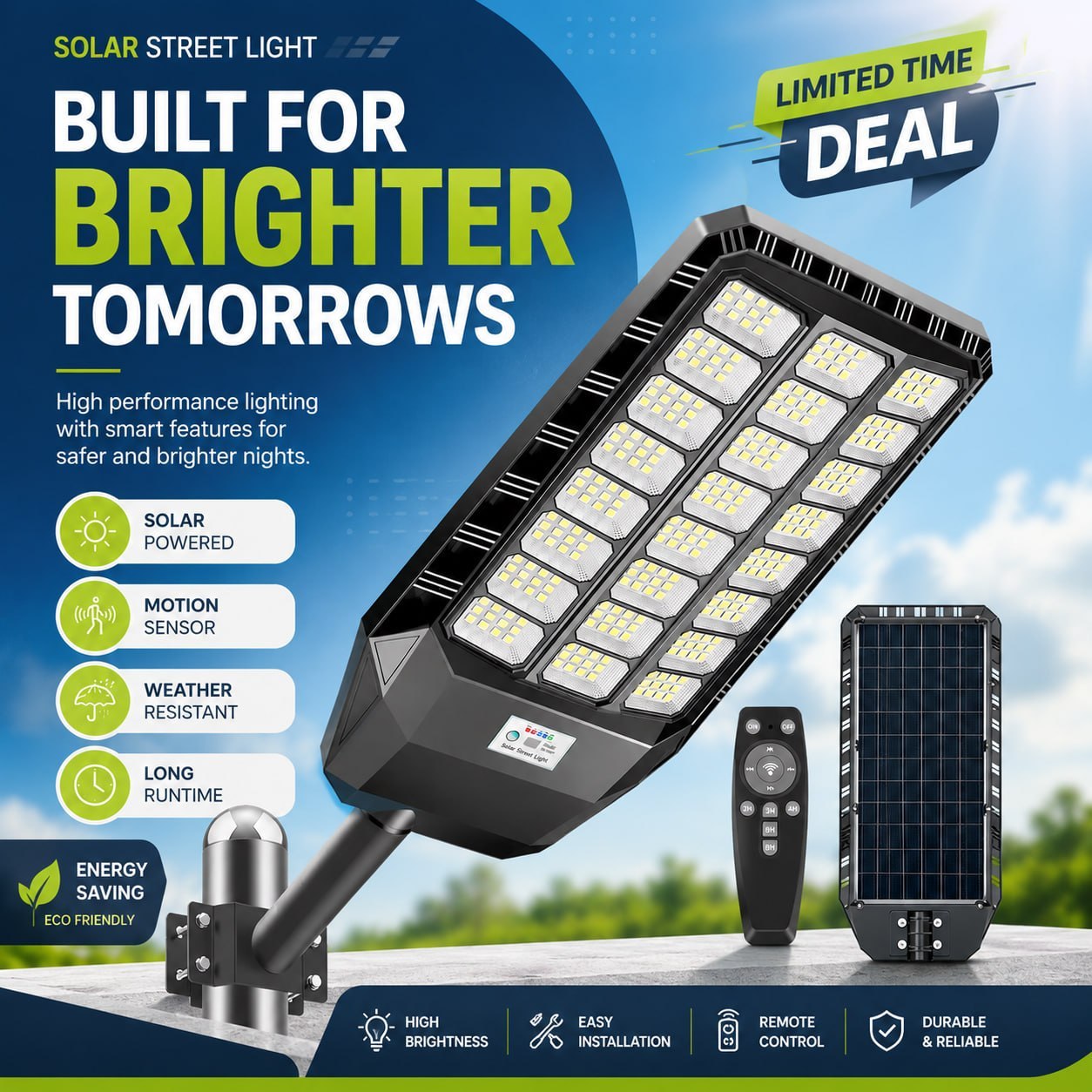 Outdoor Solar Street Light with Remote Control, Motion Sensor, Dusk-to-Dawn Light, IP67 Waterproof