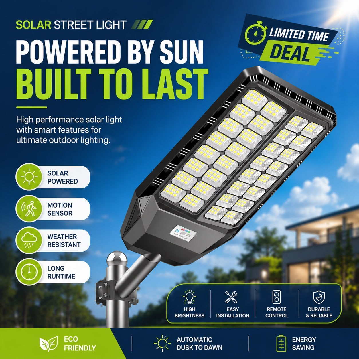 Outdoor Solar Street Light with Remote Control, Motion Sensor, Dusk-to-Dawn Light, IP67 Waterproof