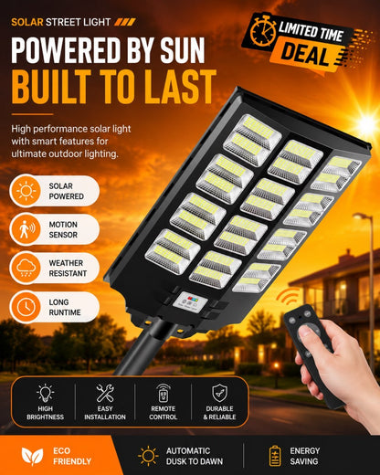 Outdoor Solar Street Light with Remote Control, Motion Sensor, Dusk-to-Dawn Lighting, IP67 Weather-Resistant Security Lamp