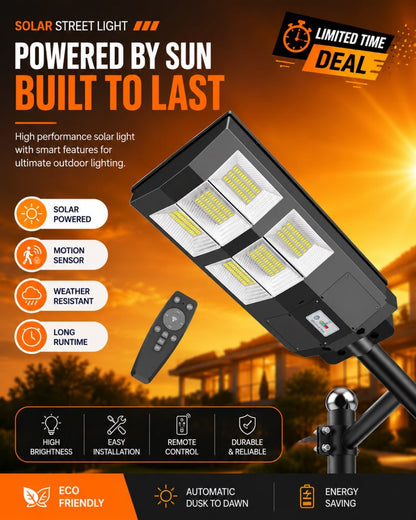 Outdoor Solar Street Light with Remote Control, Motion Sensor, Dusk-to-Dawn Lighting, IP67 Weather-Resistant Security Lamp