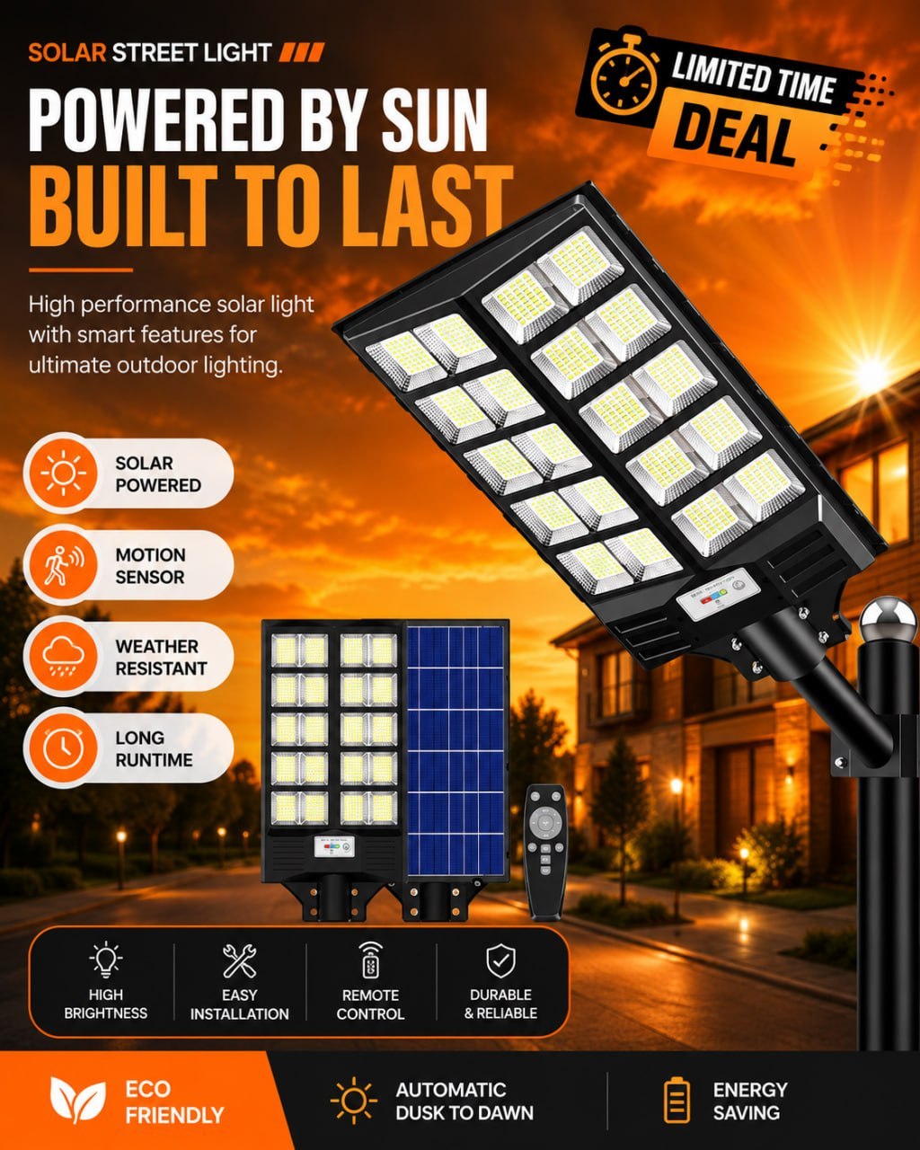 Outdoor Solar Street Light with Remote Control, Motion Sensor, Dusk-to-Dawn Lighting, IP67 Weather-Resistant Security Lamp