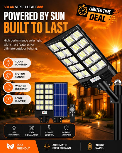 Outdoor Solar Street Light with Remote Control, Motion Sensor, Dusk-to-Dawn Lighting, IP67 Weather-Resistant Security Lamp
