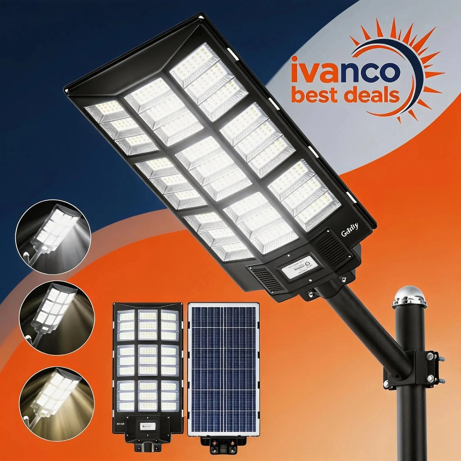 Solar street light with panels and bulb on an orange and blue gradient background, featuring Ivanco branding.