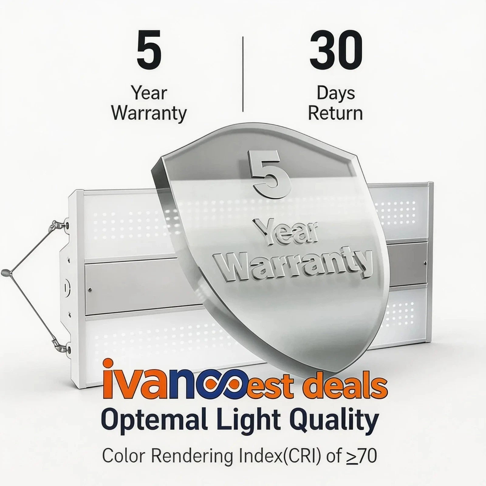 Light fixture with a 5-year warranty shield and promotional text about optimal light quality and warranty terms.
