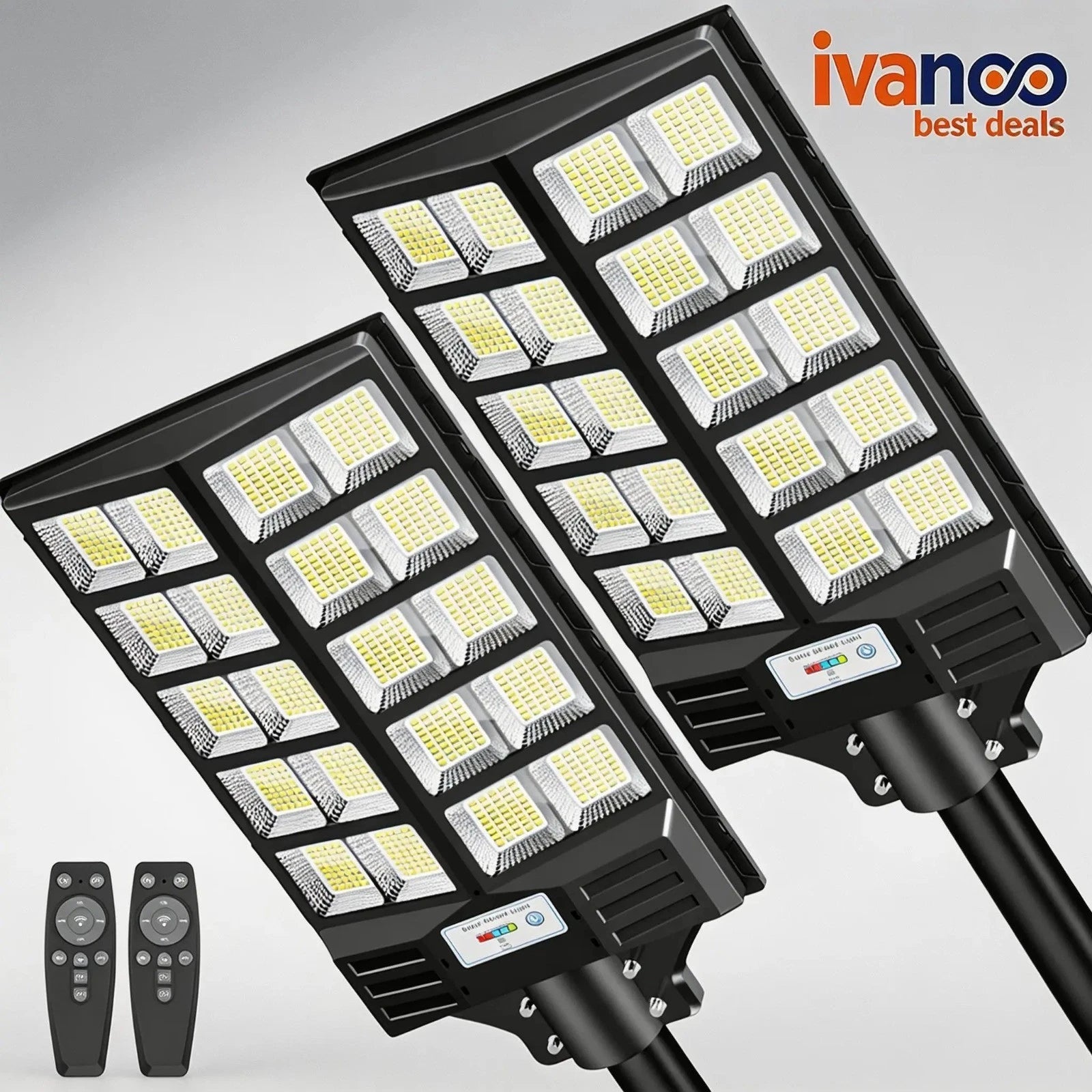 Two LED street lights with remote controls on a gray background, featuring the ivanco brand.