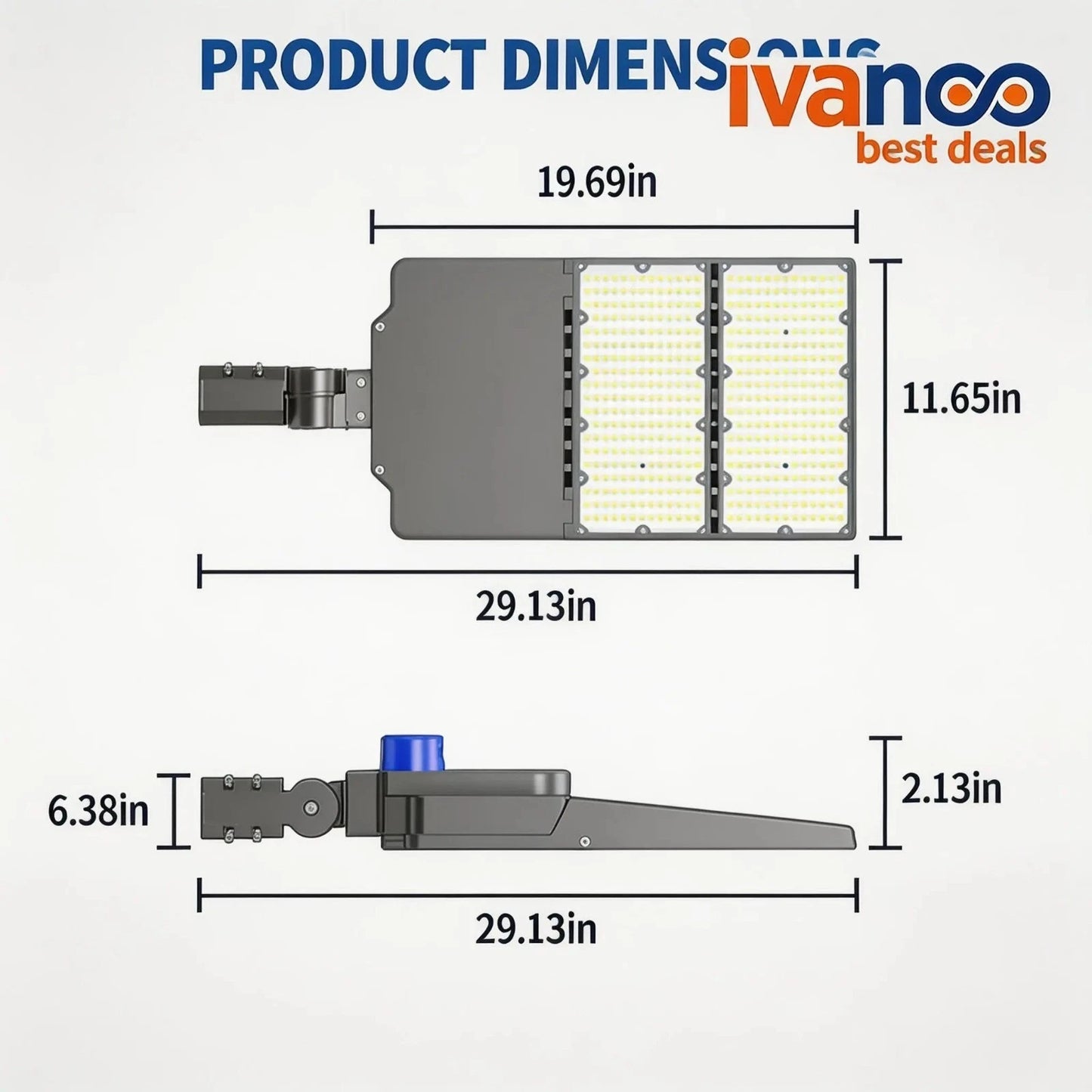 Dimensions of a LED street light with Ivanco branding