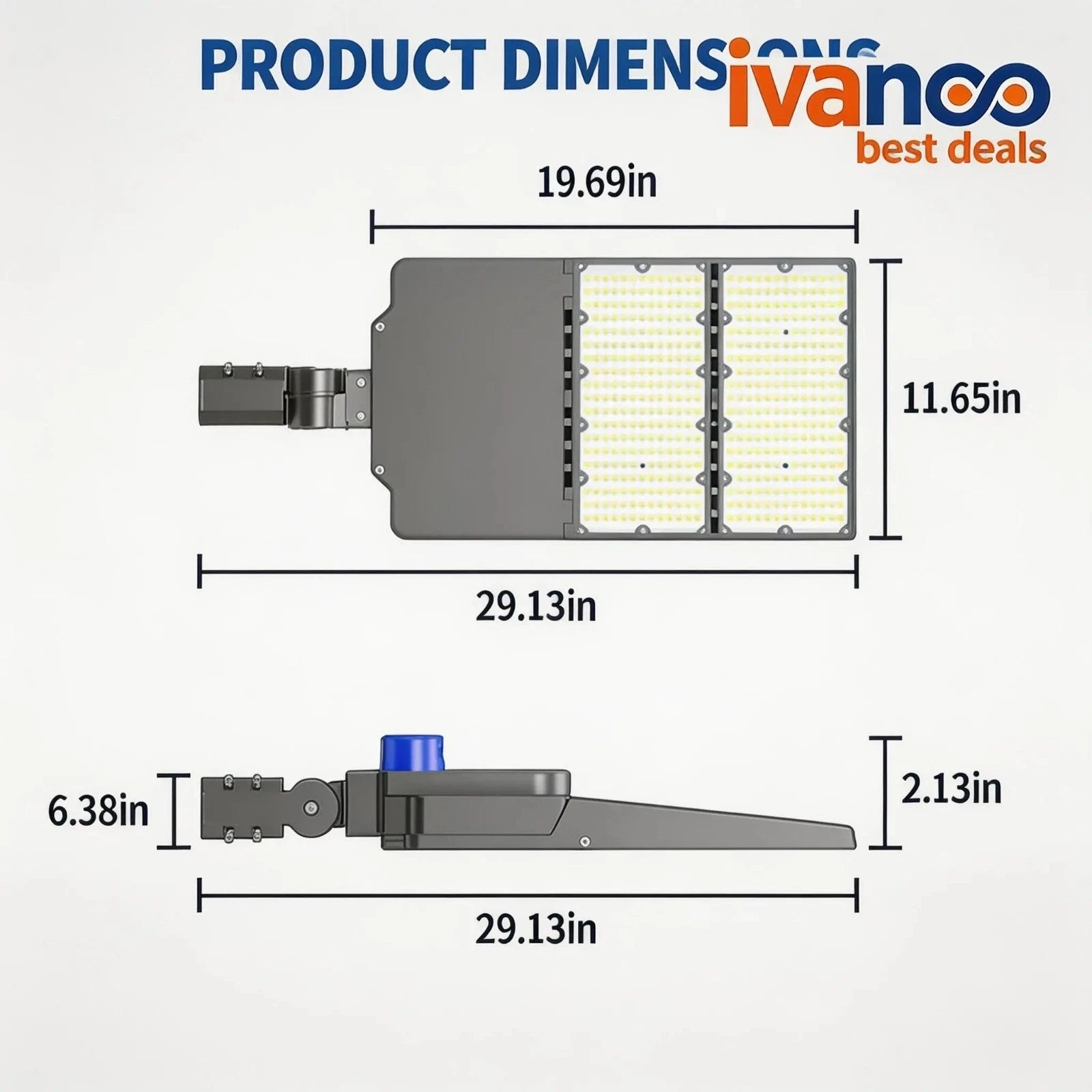 Dimensions of a LED street light with Ivanco branding