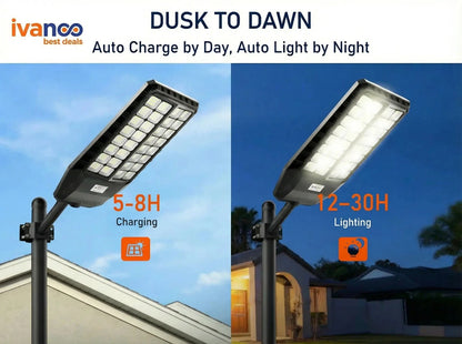 Solar street light with charging and lighting duration indicators on a house background