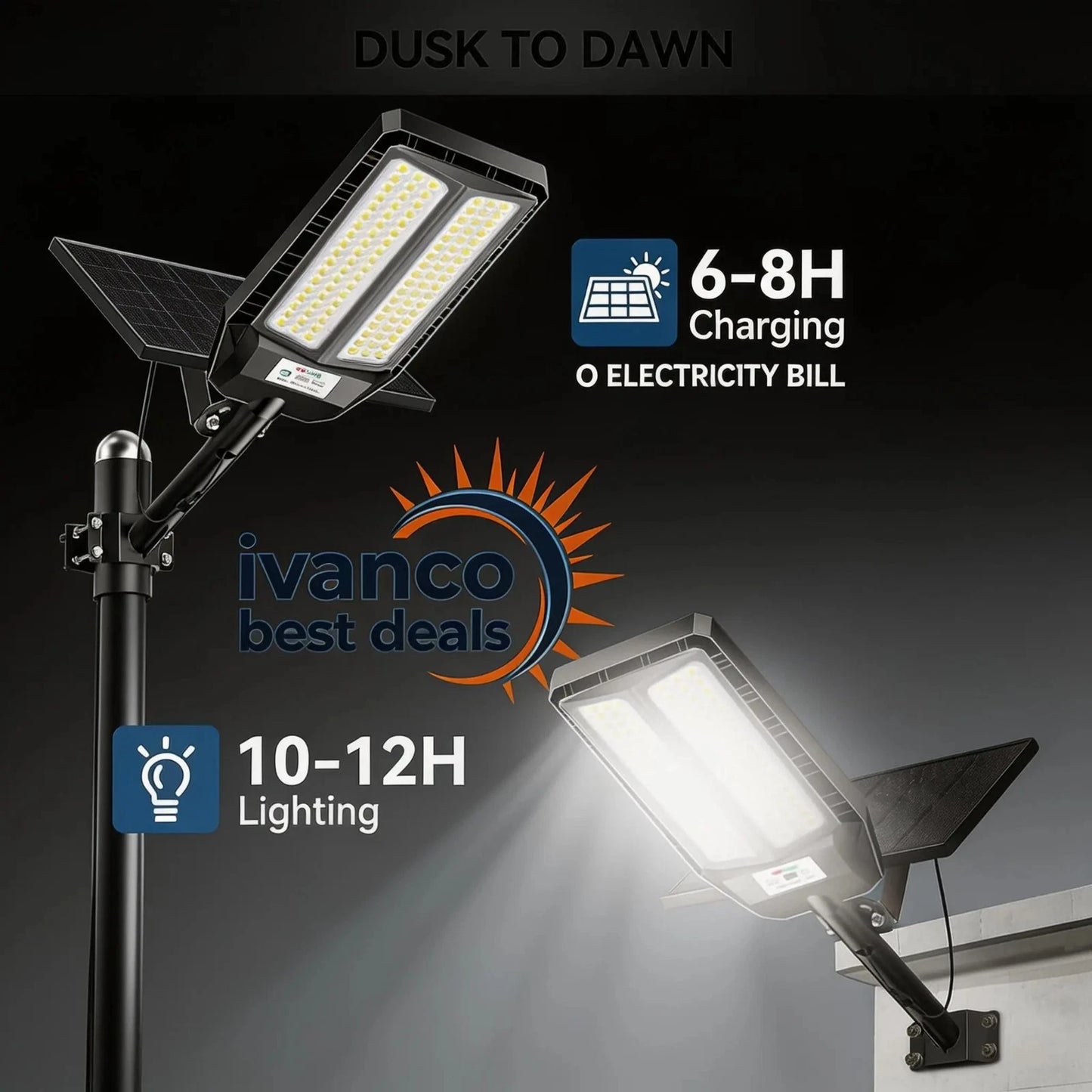 Solar street light with charging and lighting duration information on a dark background, featuring the brand 'ivanco best deals'.